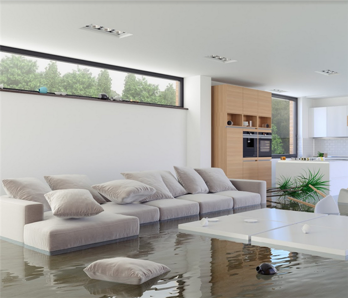 a flooded living room with water covering the floor and furniture floating everywhere